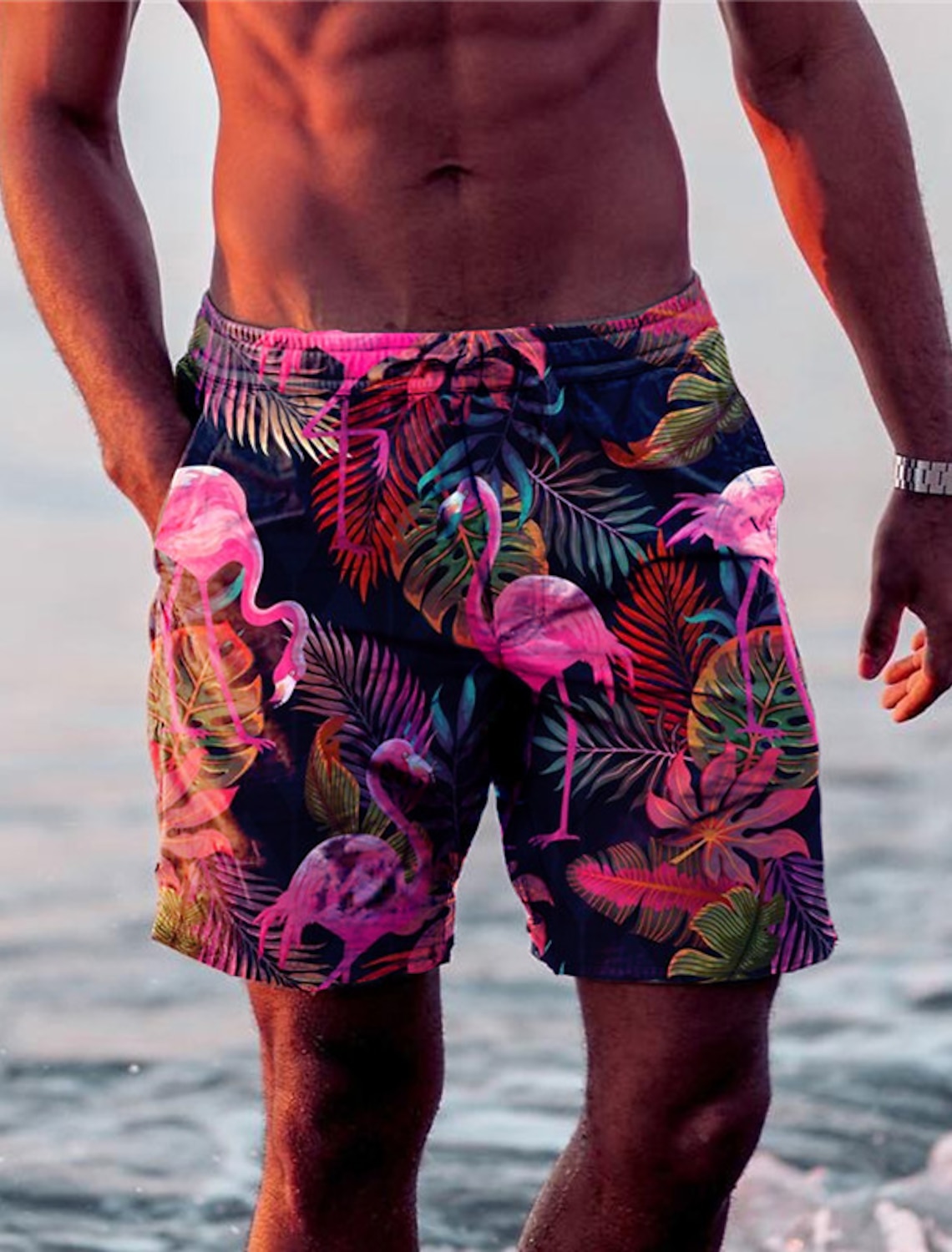 Nuevos pantalones cortos para hombre, bañadores con cordón, gráficos de flamencos y hojas, pantalones cortos informales de secado rápido para vacaciones, microelástico hawaiano