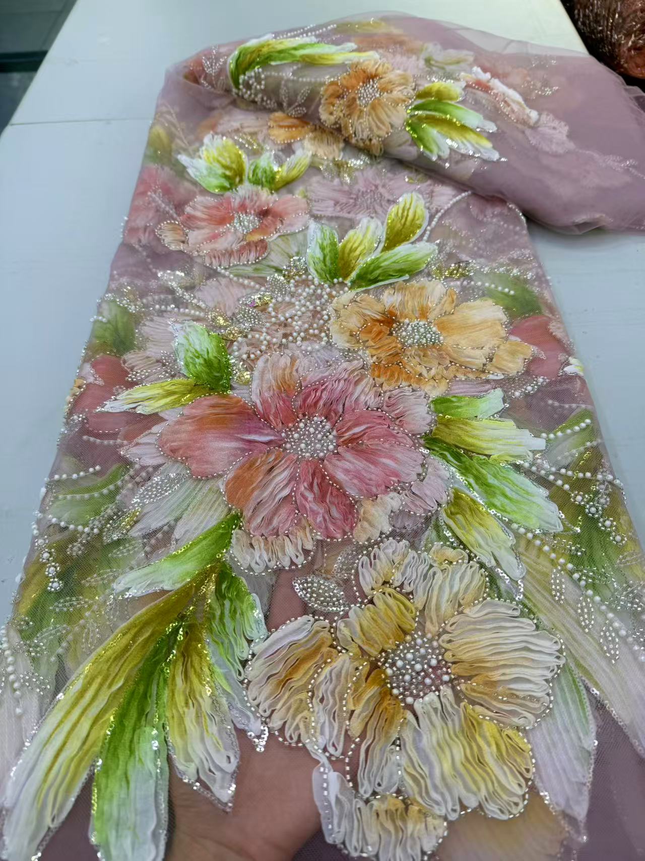 Kain Renda Afrika Warna Pink Berkualitas Tinggi Renda Payet Jaring Prancis Tulle Kain Mesh Putih Murni Renda 3D Kain Pernikahan Jahit