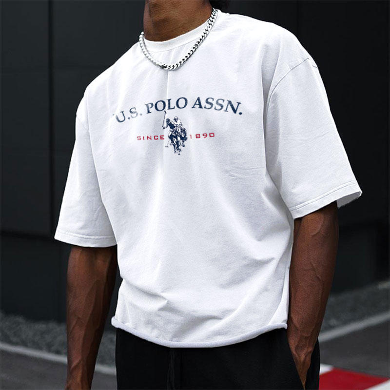 Eenvoudige Stijl Heren Katoenen T-Shirt Polo Letter Grafische Print Casual Ronde Hals Heren Korte Mouwen Top Gratis Verzending