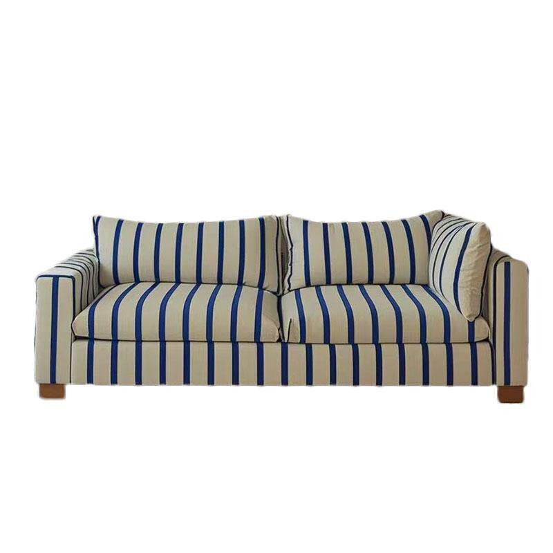 Sofa w stylu retro, amerykańska, z niebieskiej tkaniny w paski, francuska, prosta, do salonu, do małego mieszkania, nowoczesna, trzyosobowa, prosta sofa.