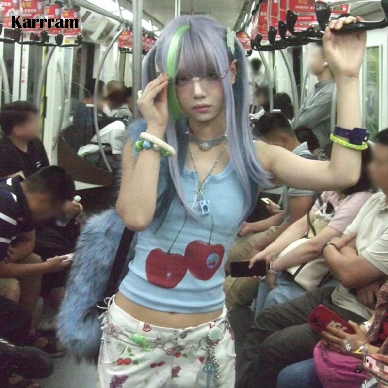 Karrram Japanse Y 2K Tank Top Vintage Harajuku Geribbelde Top Trashy 2000S Rits Tanktop Grunge Esthetiek Crop Top Amerikaanse Retro