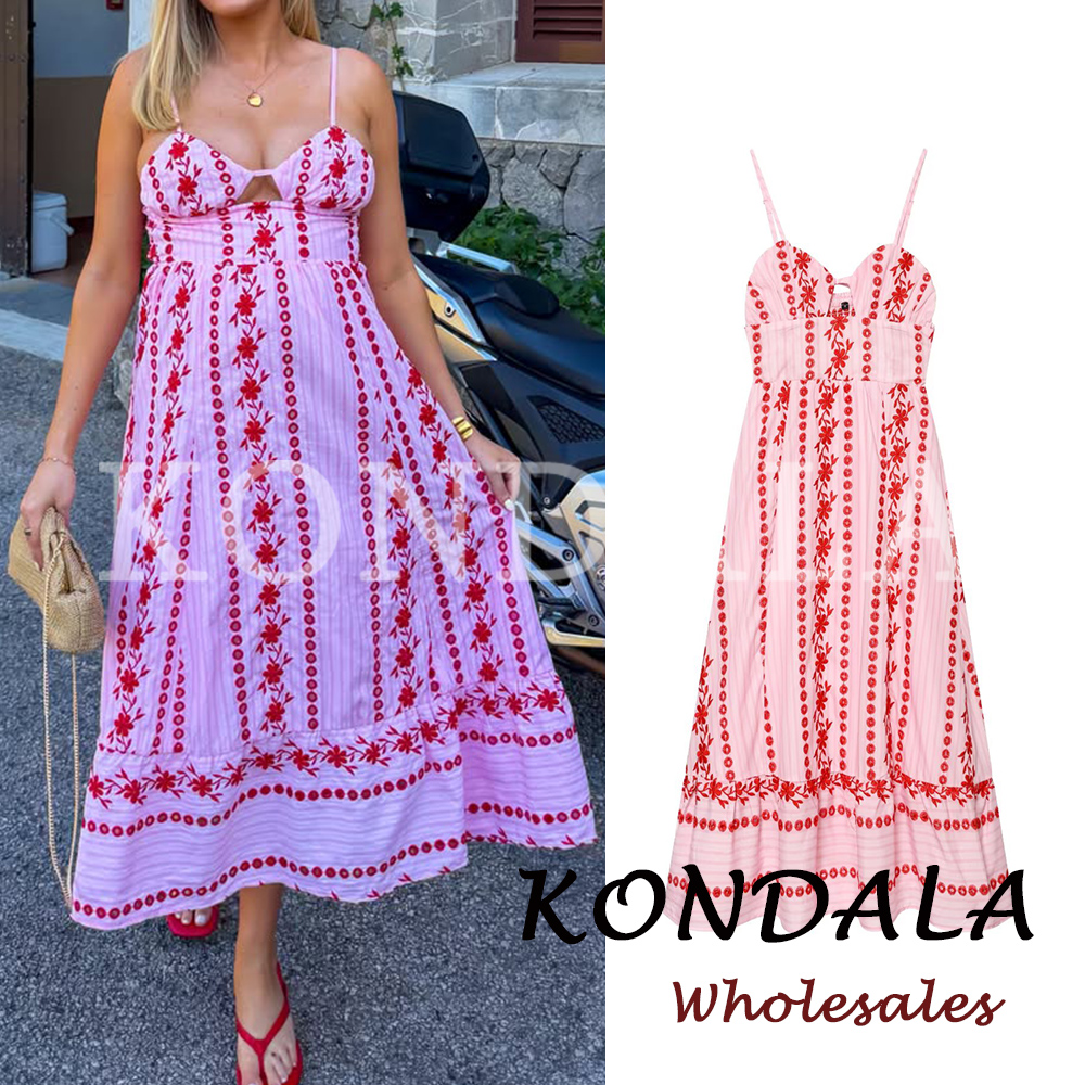 KONDALA Abito Estivo da Donna Midi Vintage Rosa Ricamato Sexy Scavato con Spalline Sottili, Vestito Allacciato Moda 2026 per Vacanze e Spiaggia