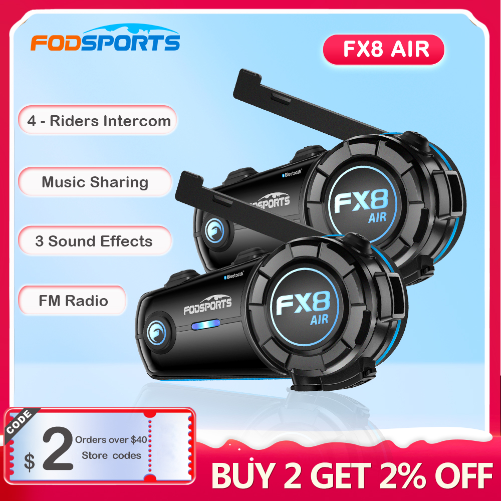 Fodsports FX8 Воздушный домофон Гарнитура для мотоциклетного шлема 4 гонщики Bluetooth-гарнитуры 1000 м Мотодомофоны, музыкальное разрешение, FM, водонепроницаемость