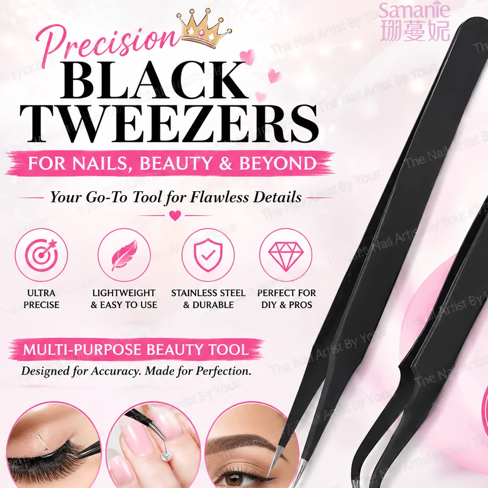 Pinças de Precisão Pretas para DIY, Ferramentas de Beleza para Arte em Unhas e Extensões de Cílios