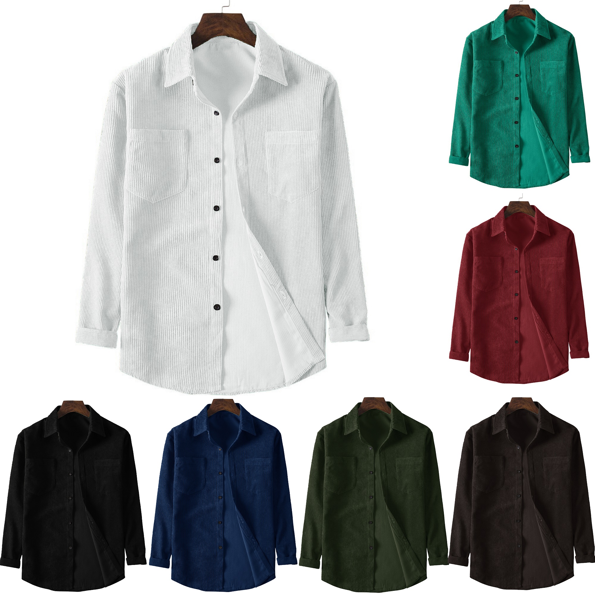Camisa de bolso duplo veludo de veludo masculino, tops casuais, jaqueta de lapela de botão, cor sólida, primavera, outono