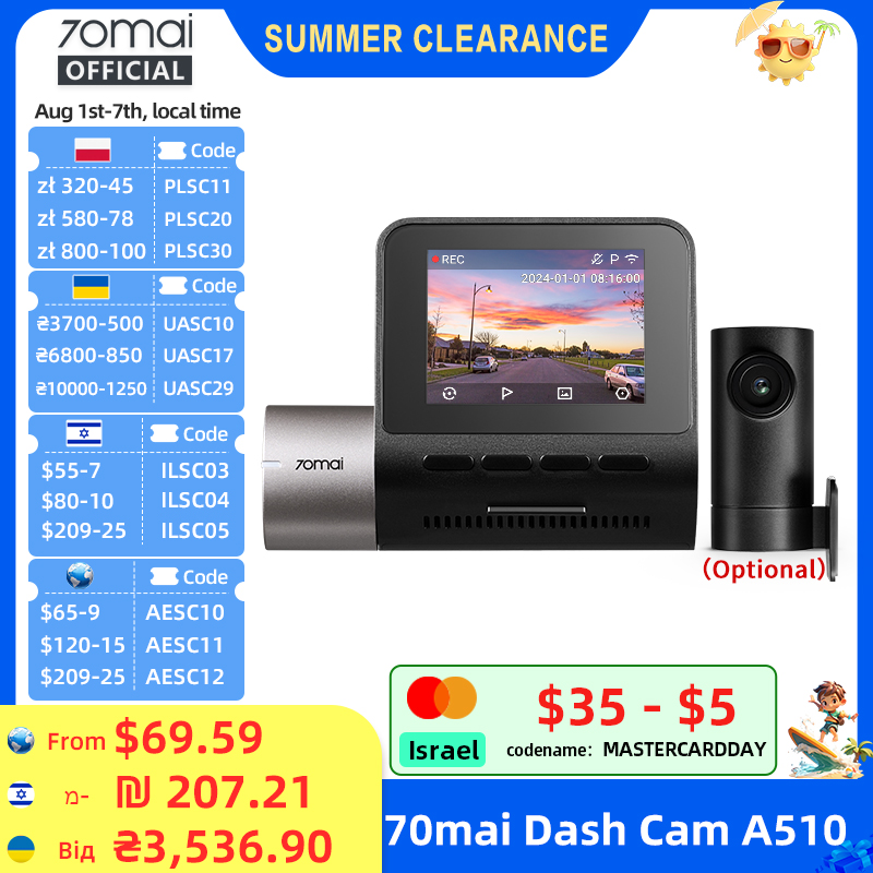 Cámara para Auto 70mai A510 1944P 3K HDR con GPS Integrado, Soporte ADAS, 4G LTE, Control Remoto, Modo de Estacionamiento 24H, DVR para Auto 70mai A510