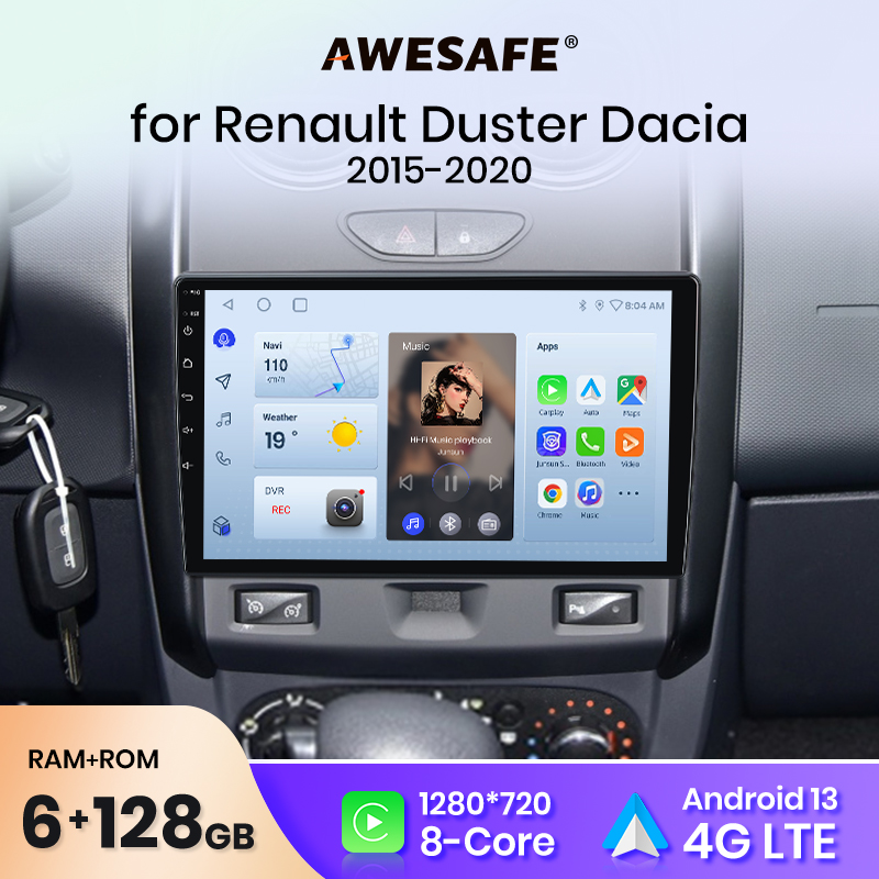 Autoradio sans fil AWESAFE CarPlay Android Auto pour Dacia Duster 2015 2016 2017 2018 2019 2020 GPS Navi SWC FM BT Plug and Play DSP Stéréo