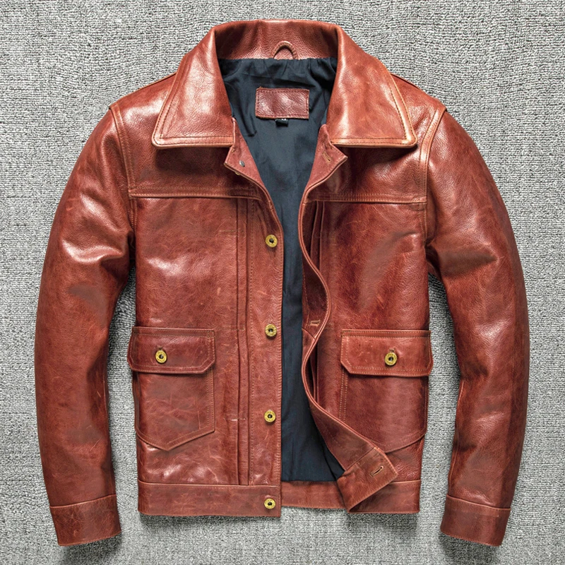 506 herramientas Vintage rojo marrón chaqueta de cuero de vaca Natural hombres cuero de vaca encerado con aceite abrigo de cuero genuino moda ropa masculina delgada