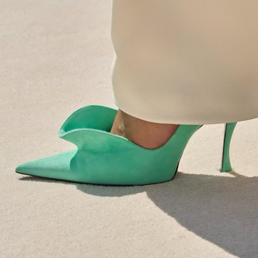 2026 Spring/Autumn New Women's Green Ruffle Edge Pointed Toe Thin Stiletto High Heels Slip On Fashion Simple Wedding Party Pumps
