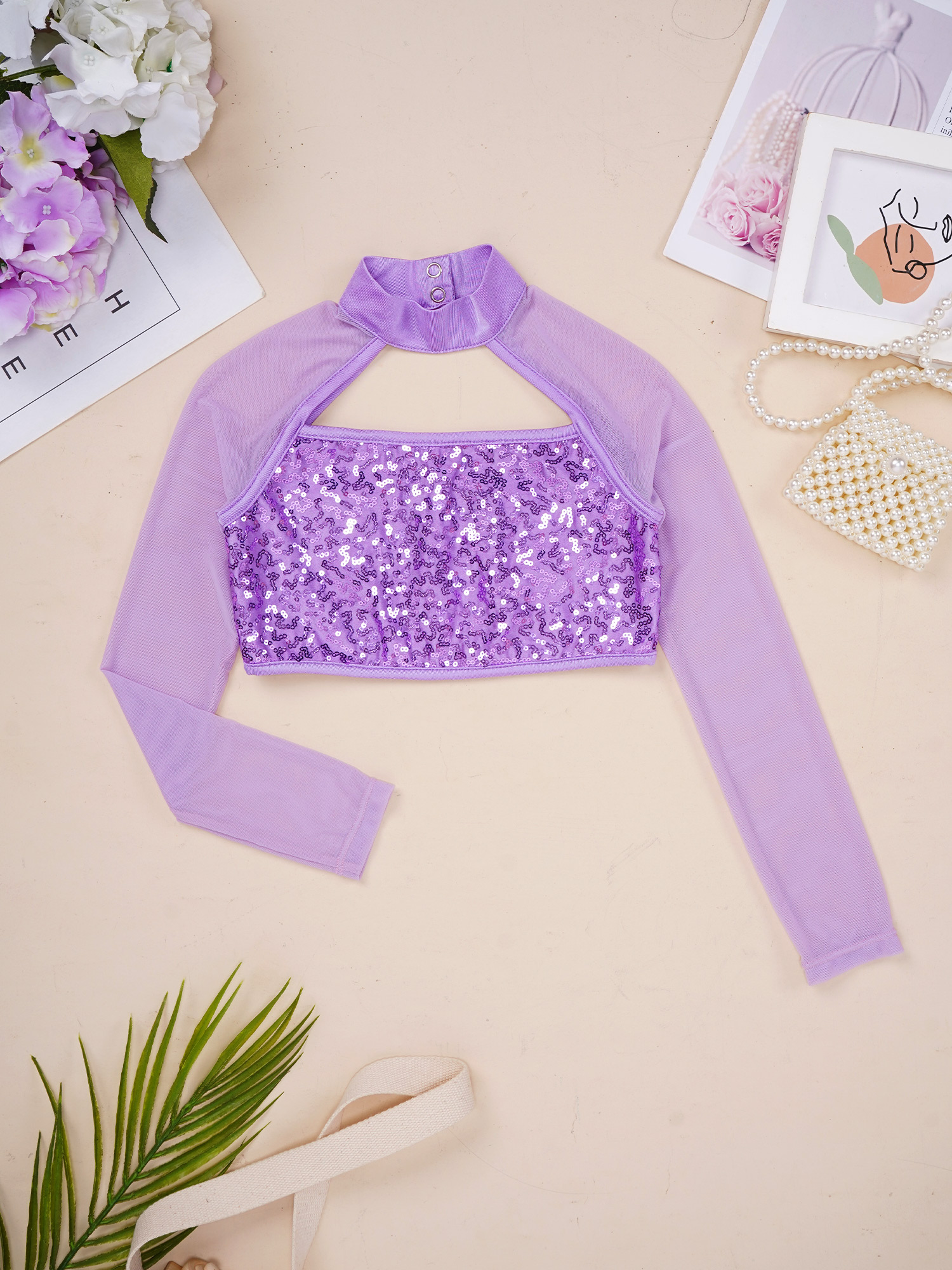 Kids Girls Gymantics Ballet Leotards Dance Costume Shiny Sequins Decorated Dance Crop Top Long Sleeve Round Collar Hollow Tops