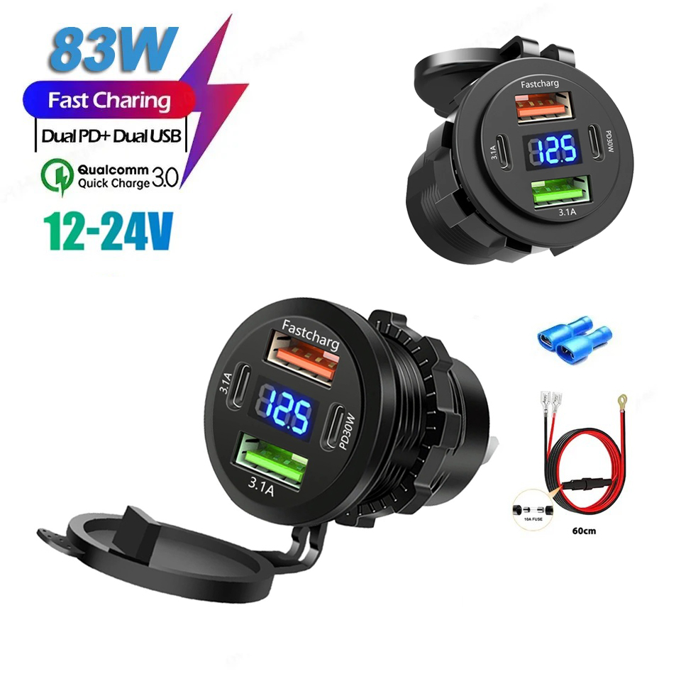 Auto-Ladegerät-Buchse, Dual Typ C und Dual-USB, 4 Ports, Schnellladebuchse, wasserdicht, mit Voltmeter, 12 V/24 V, für Auto, Boot, Motorrad