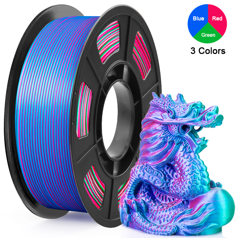 Żarnik do drukarki 3D Tricolor Silk PLA, wielokolorowy żarnik do druku 3D 1,75 mm, czerwony, niebieski i zielony, 250 g (0,55 funta)