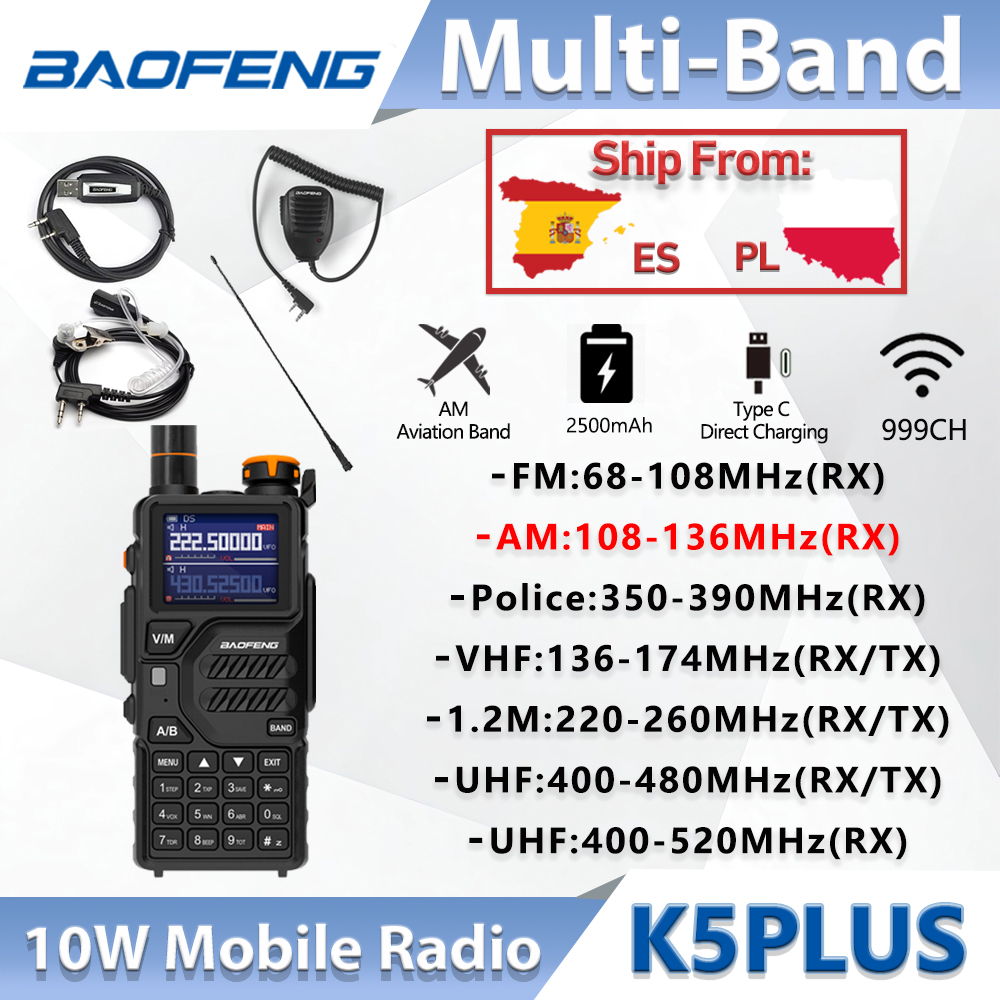 Nuevo Baofeng K5PLUS 10W AM/FM Walkie Talkie multibanda 999CH 2500mAh Radio portátil de largo alcance