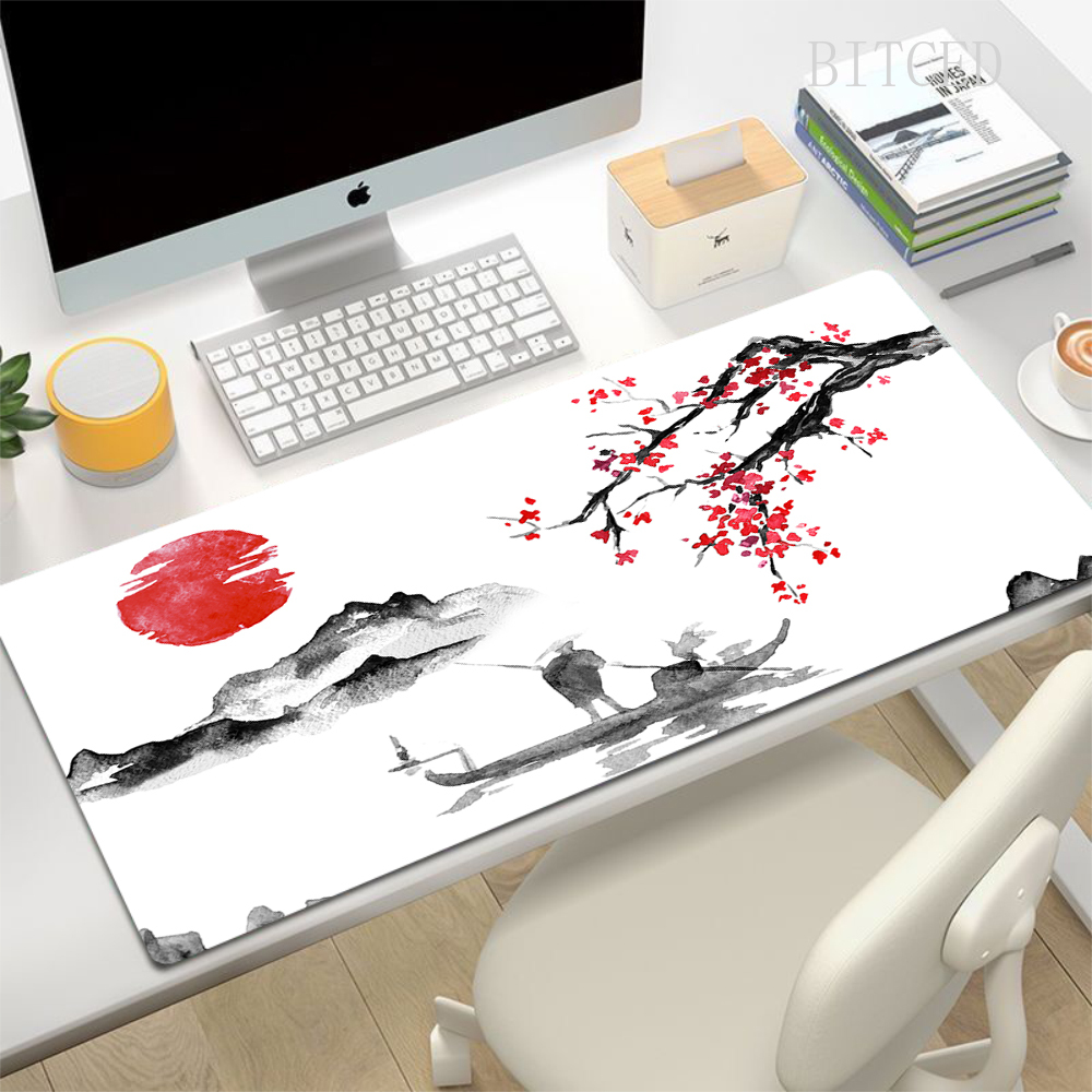 Xxl grande tapete de mesa estilo japonês gaming mouse pad rosa sakura mousepads preto branco torii arte mouse tapetes para portátil gamer