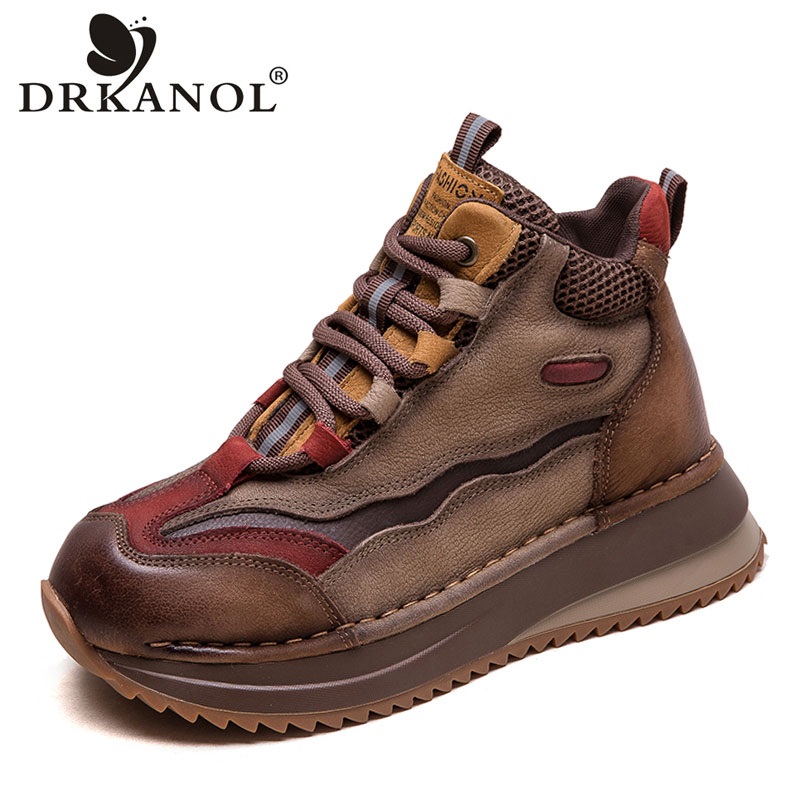 Drkanol 2026 botas femininas outono inverno cores misturadas couro de vaca genuíno quente tornozelo botas senhoras alta superior tênis casuais sapatos