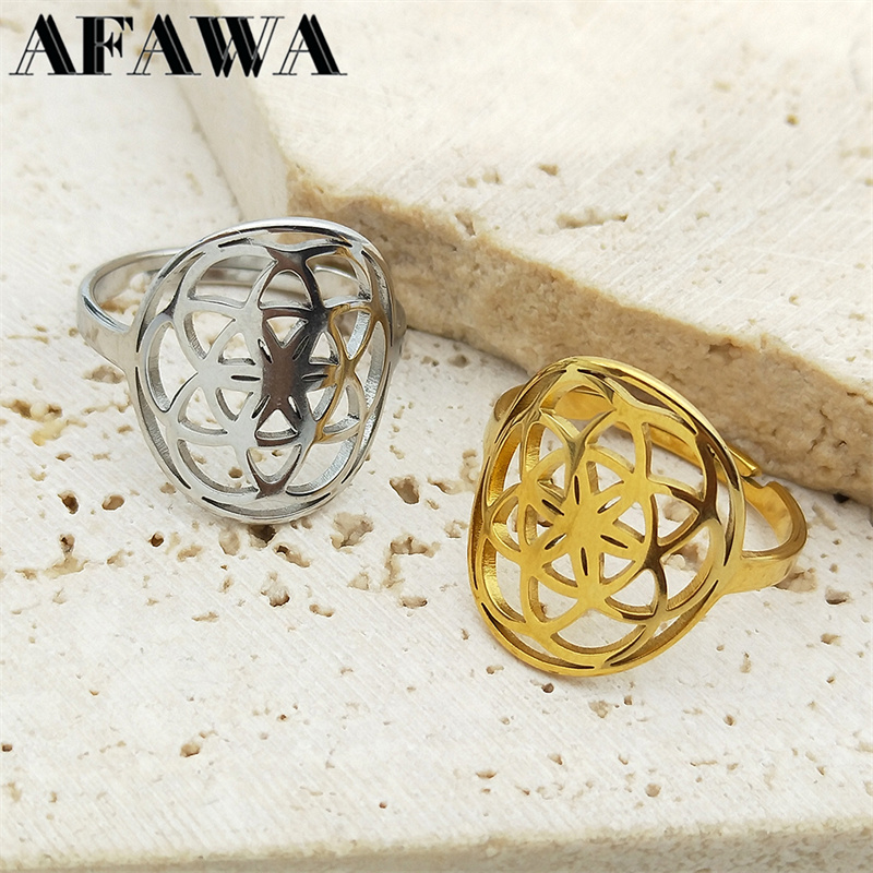 Anel Mandala Flor Semente da Vida para Homens e Mulheres, Joia em Aço Inoxidável Geométrica Sagrada, Anéis Ajustáveis Cor Dourada
