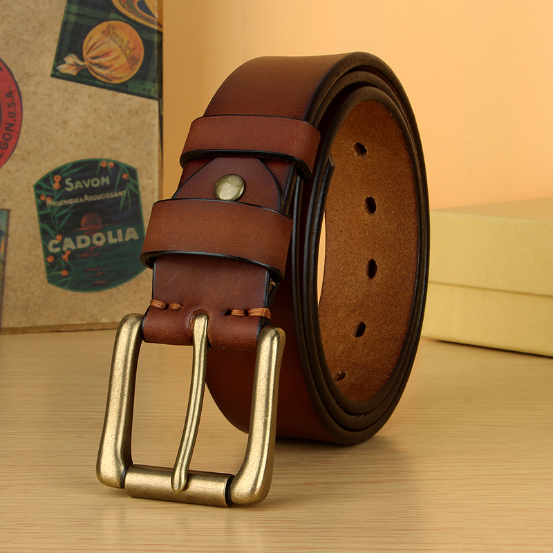 5mm Thicken Full Grain Leather Mens Belt Heavy Duty Mens Work Belt Mens Belt High Hardness Solid Brass Pin Buckle Brown Belt