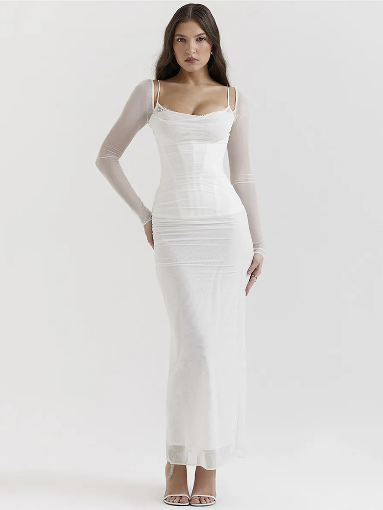 Mozision Elegancka sukienka z długim rękawem Sexy Maxi Dress For Women Fashion Mesh Strapless Backless Club Party Sexy Long Dress New
