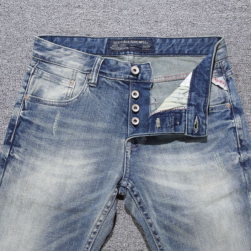 Hombrefashion Y2K Męskie Jeansy Slim Fit Jasnoniebieskie Nostalgiczne Elastyczne Designerskie Wysokiej Jakości Spodnie do Prania