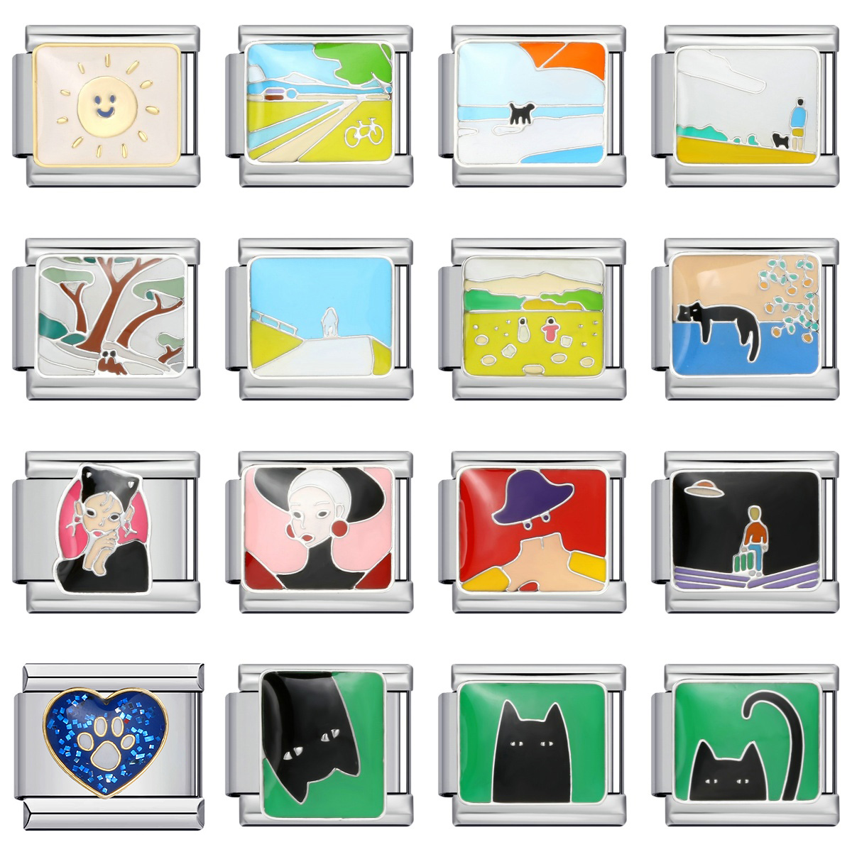 URING 2025 couleurs délicates glaçure paysage personnage femelle chats charme liens ajustement 9mm Bracelet en acier inoxydable faisant des bijoux à bricoler soi-même