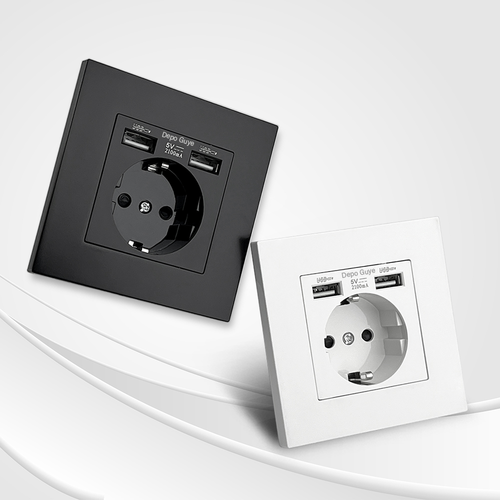 EU มาตรฐานคู่ USB Wall Power Socket, ซ็อกเก็ตไฟฟ้าปลั๊กผนัง Type-c Usb Fast Charing พอร์ต 16A PC แผง Outlet 220V