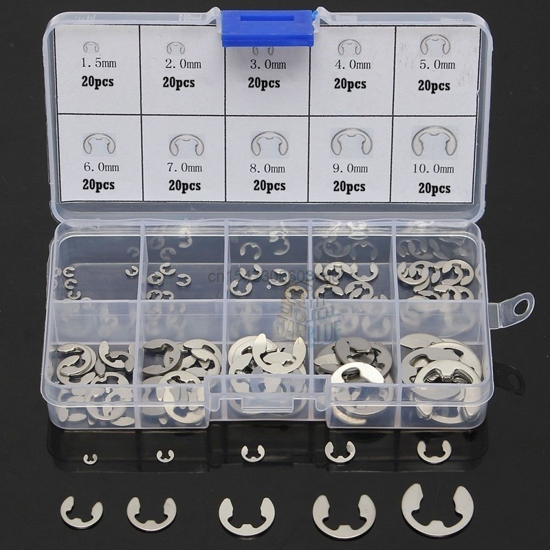 Kit d'assortiment de 120/200 pièces d'anneaux de retenue en acier inoxydable 304 (clips E) pour arbres de fixation M1.5~M10
