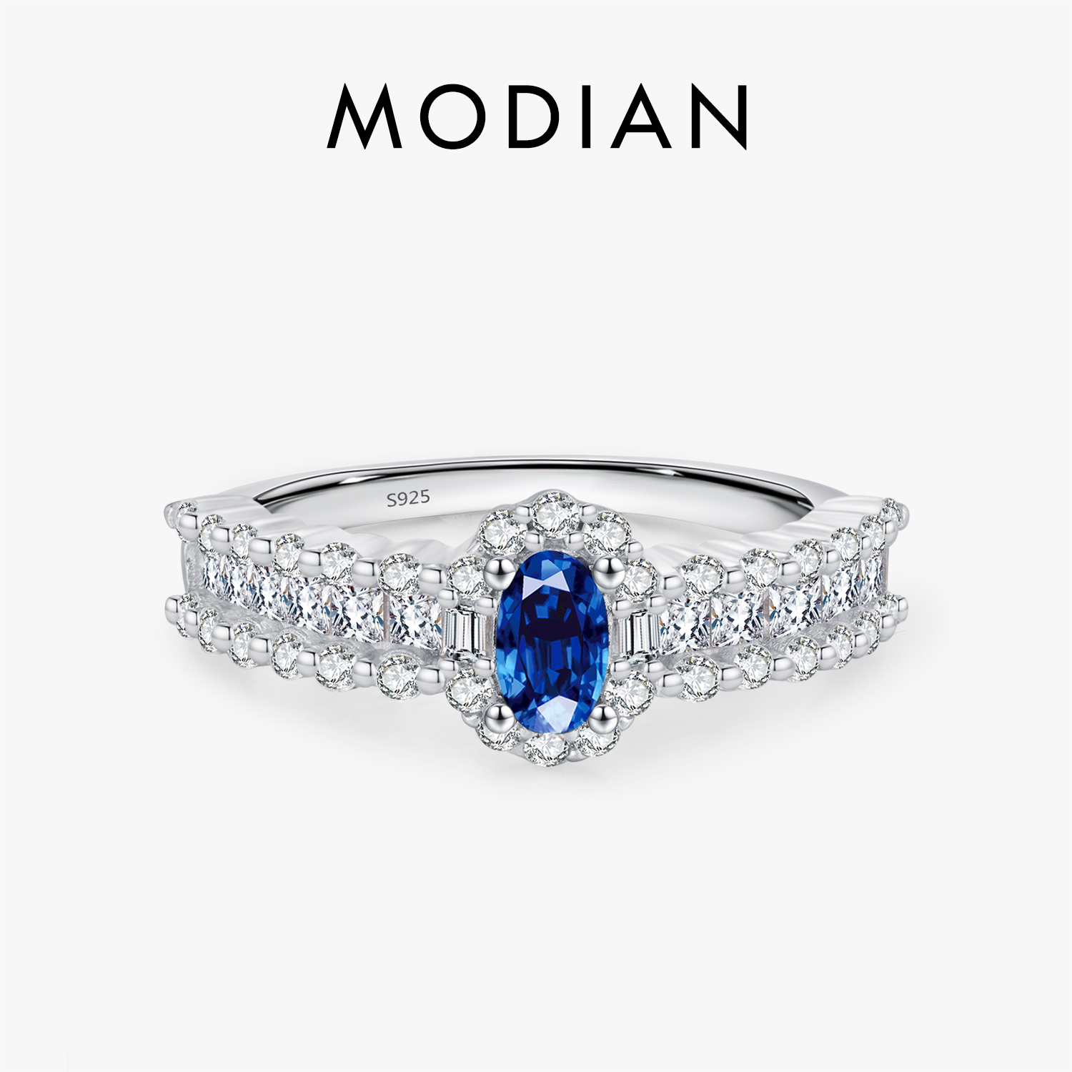 Modian 925 prata esterlina espumante azul real oval cz anel de luxo clássico aniversário de casamento jóias finas para presentes femininos