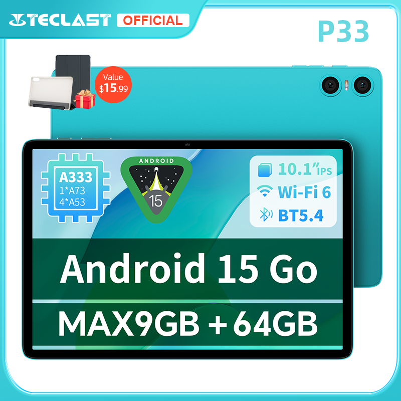 Teclast P33 Android 15 Tablet 10.1" 1280x800 IPS A333 5-core Max 9GB RAM 64GB ROM 6000mAh Type-C Metal Body Tablets PC Wi-Fi 6