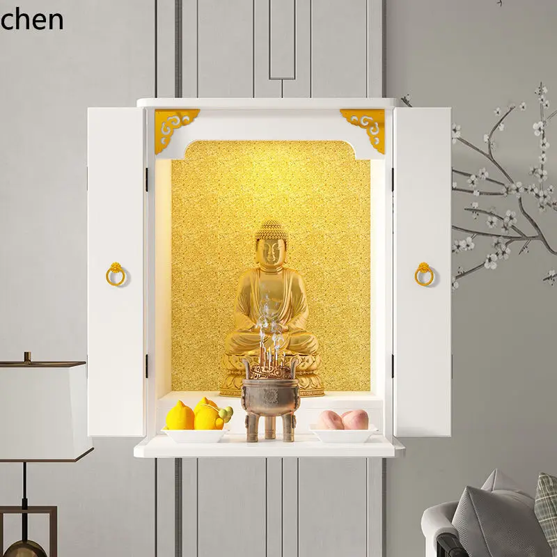 r5.20 Santuário Doméstico de Buda com Porta, Mesa de Ofertas, Armário Simples e Moderno para o Deus da Riqueza, Mesa de Altar para Adoração (sem Buda)