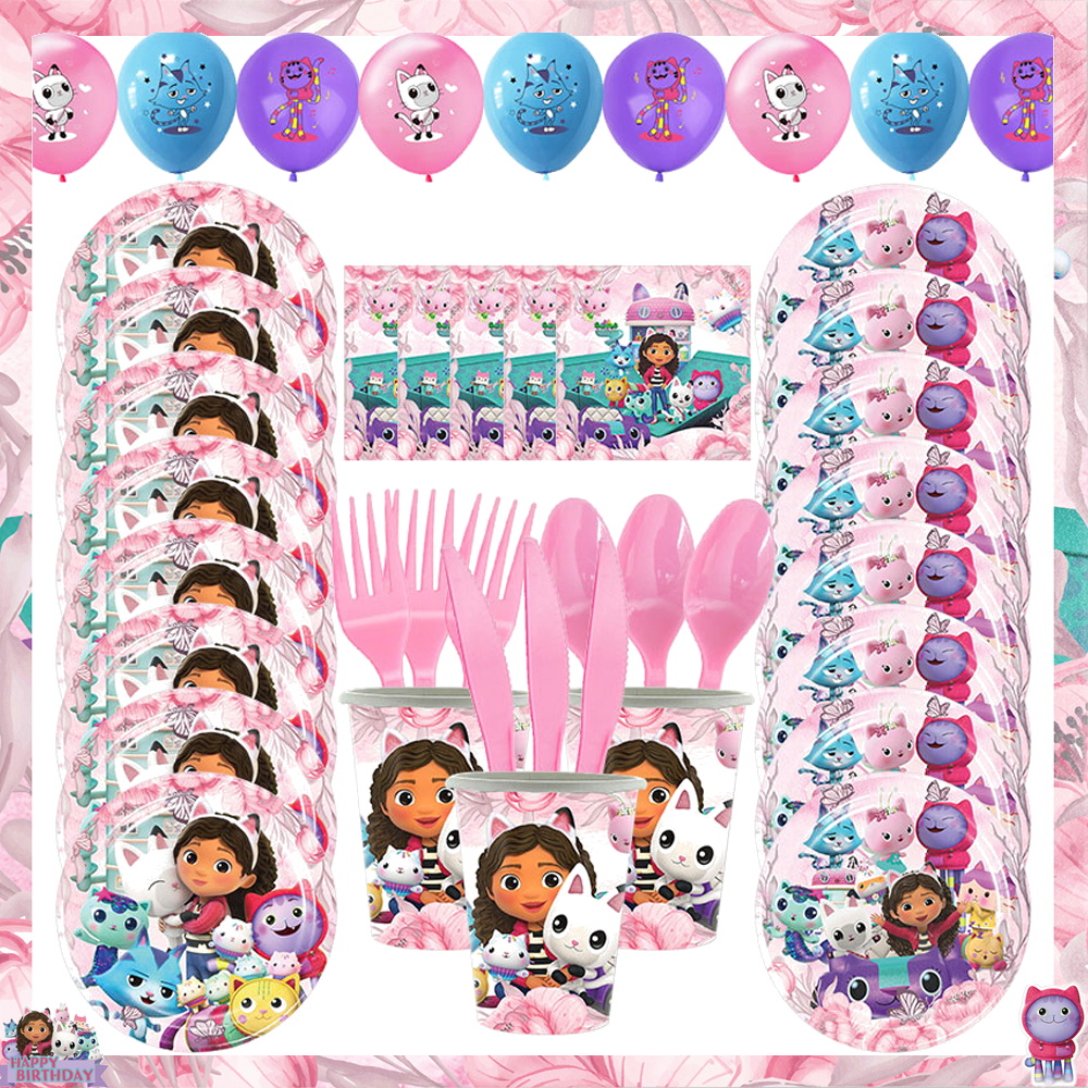 Casa de muñecas Gabby, decoración de fiesta de cumpleaños, gato rosa Gabby Suger, plato y vasos de papel, servilletas, globo, telón de fondo, suministros para Baby Shower para niños