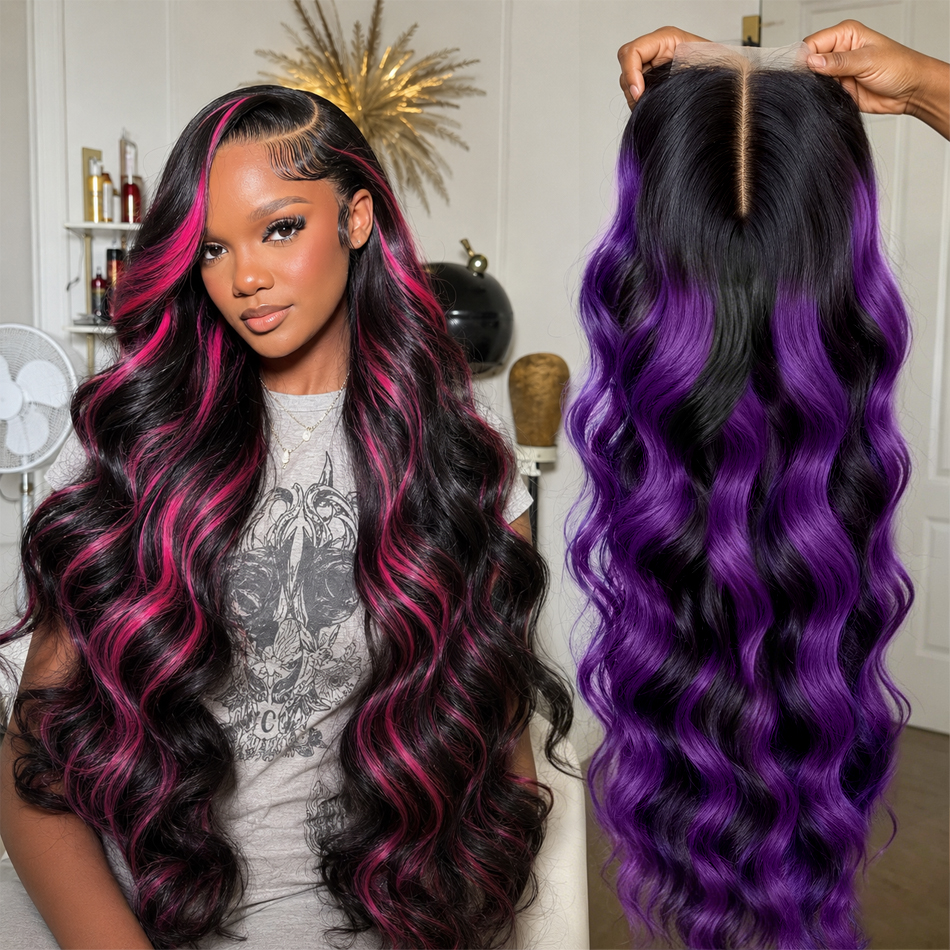 Parrucche Frontali HD in Pizzo 13x4 13x6 Ombre 1B/Rosa Brasiliano, Densità 250%, con Onde Morbide e Riflessi Viola Scuro, in Capelli Umani Colorati