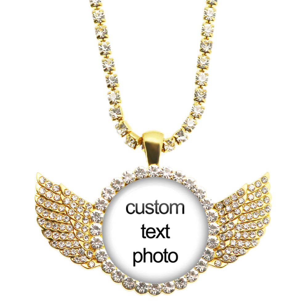 Benutzerdefinierte Foto Halskette Kristall Engel Flügel personalisierte Glas Cabochon Anhänger Halskette Baby Mama Papa Familie Jahrestag Geschenk