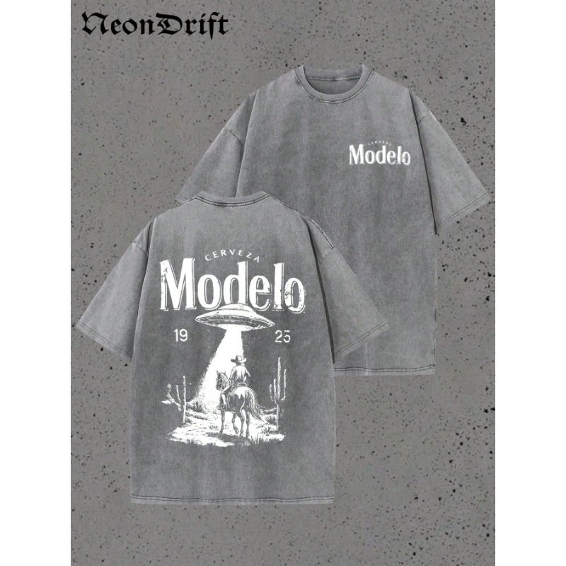 T-Shirt Retro Modelo 1925 Cerveza per Uomo, Cotone Lavato Oversize con Grafica UFO Cowboy, Casual Streetwear Estivo a Maniche Corte