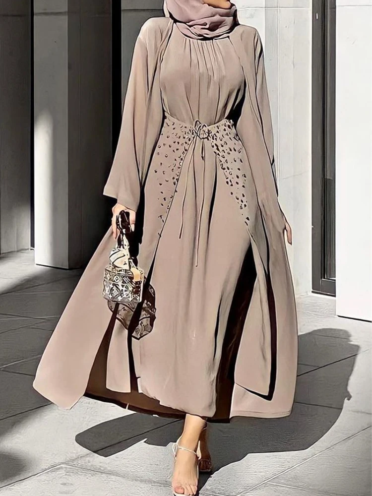 Bangladesh Abaya Abito musulmano Donna 3 pezzi Set Abiti da sera Marocchino Caftano Lace-up Abbigliamento islamico Hijab Abiti largos