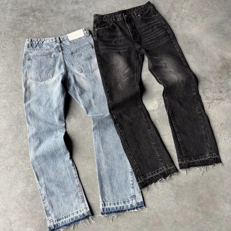 American Vintage Washed Jeans Men Women Retro Distressed Raw Hem Flare Denim Pants Y2K Grunge Streetwear Loose Hip Hop Trousers 2026