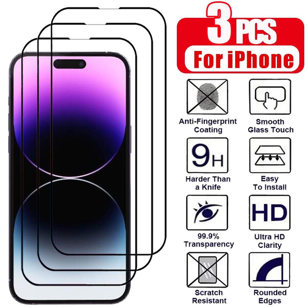 3 Buah Kaca Tempered untuk iPhone 18 17 16 15 14 13 12 11 Pro Max Pelindung Layar untuk iPhone 17E 16E 12 13 Mini Film dengan Tepi Hitam