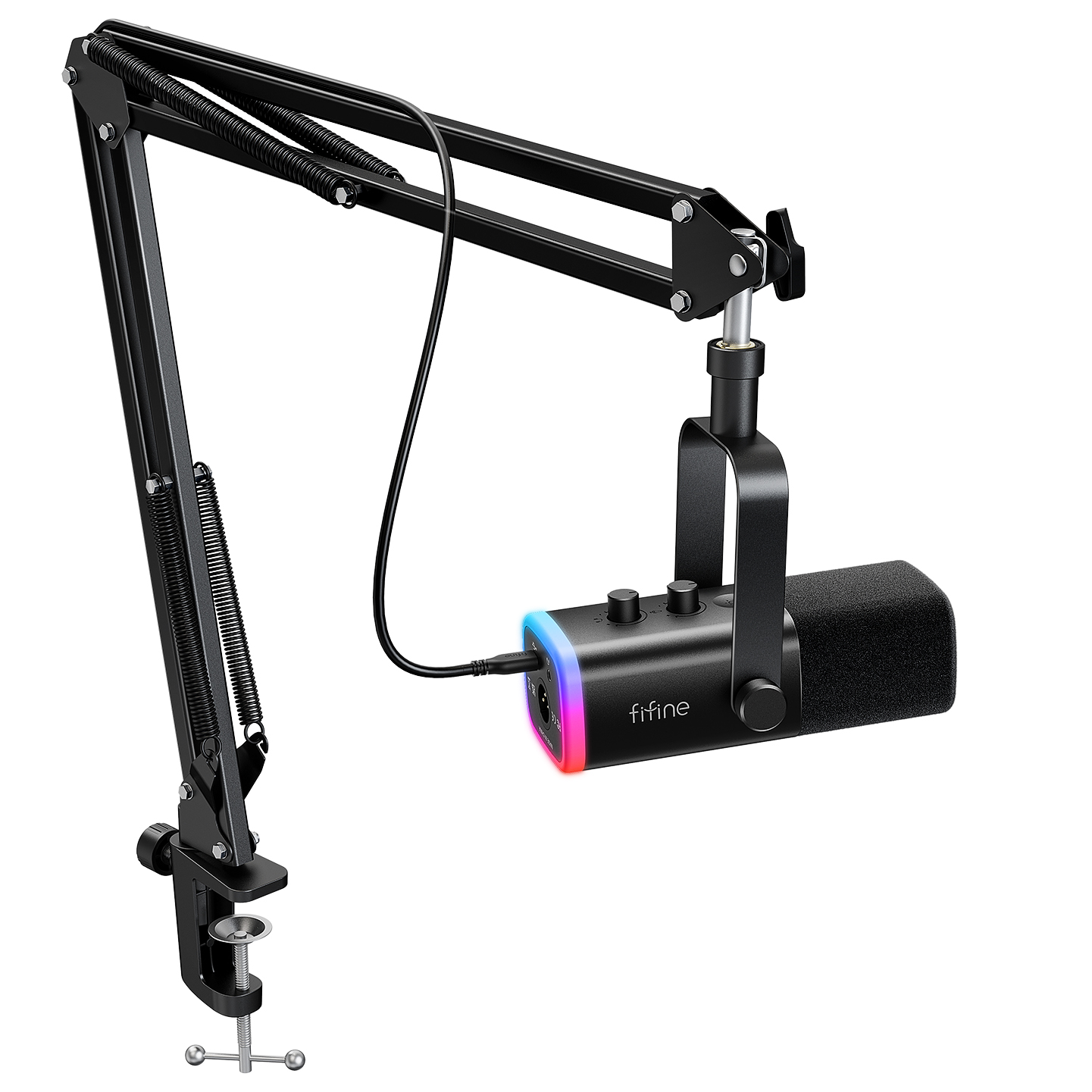 Kit de microfone para jogos FIFINE XLR/USB com entrada para fone de ouvido/mudo/RGB/suporte de braço, conjunto de microfone dinâmico para PC PS5/4 Mixer AmpliGame AM8T