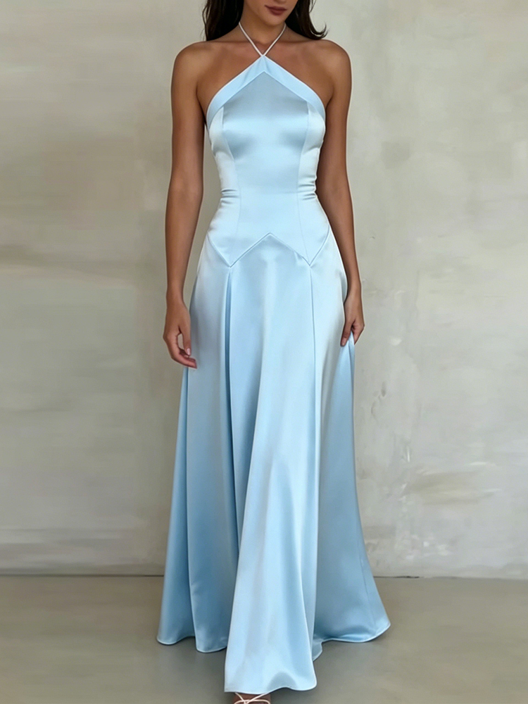 Robe longue d'été en satin, style décontracté, à épaules dénudées, taille haute, dos nu, coupe ajustée, avec détails ajourés, pour occasions formelles et mariages