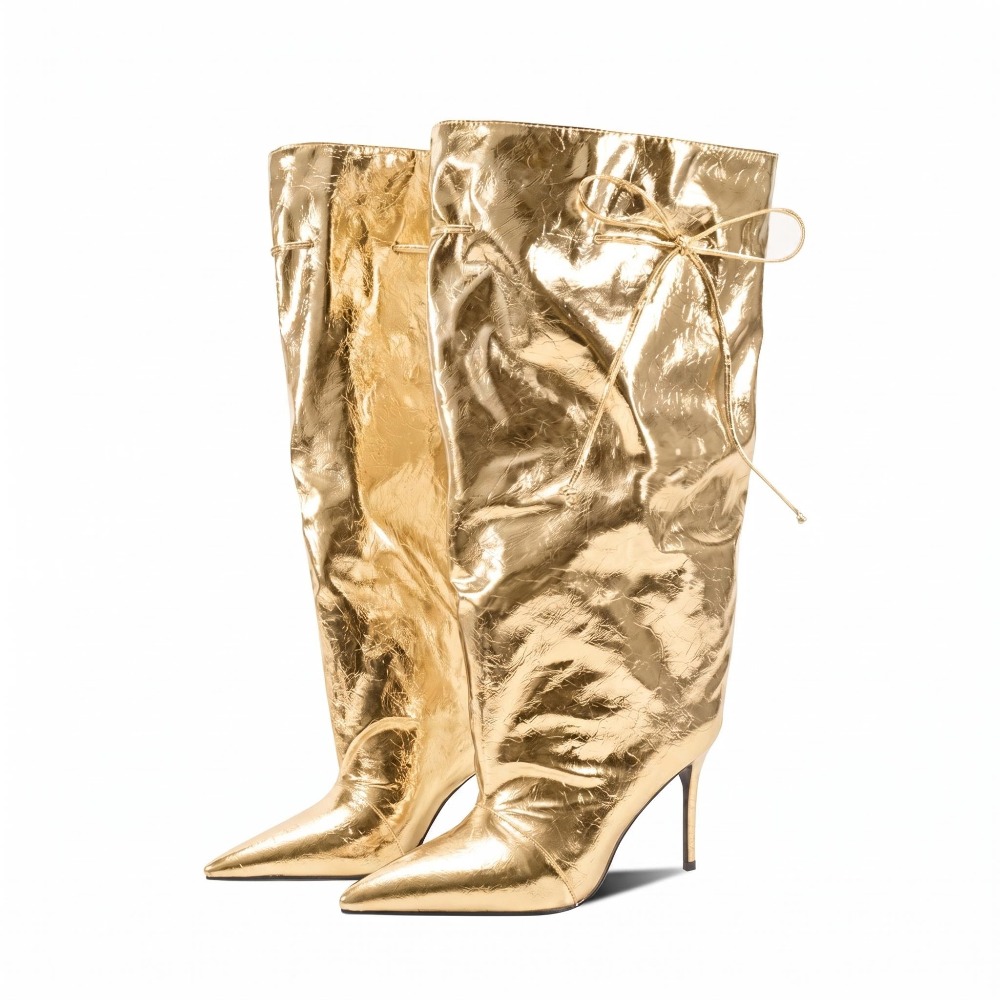 Botas Femininas de Inverno com Bico Fino e Cano Largo, Detalhes em Metal Prateado, Cano Alto, Confortáveis para o Dia a Dia Urbano