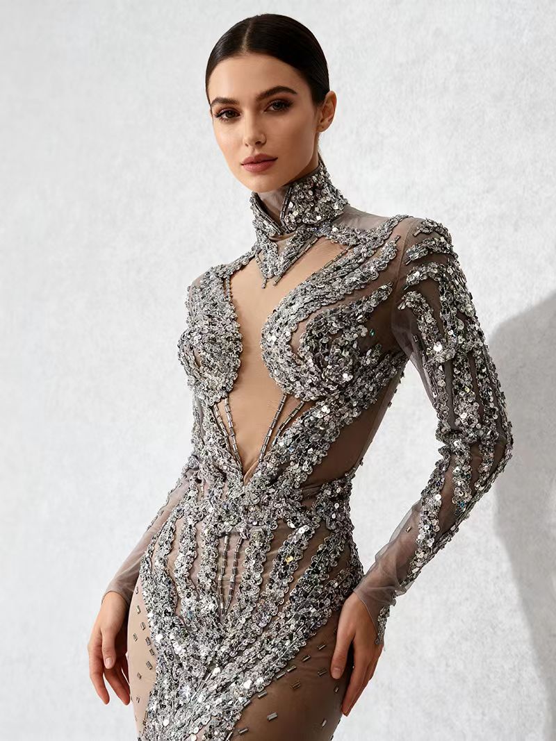 Feixiang Diamond Mesh Sequin Club Dress Women Night Out Attire Mini Long Evening Gown Performance Costume Shiny Skirt for Women