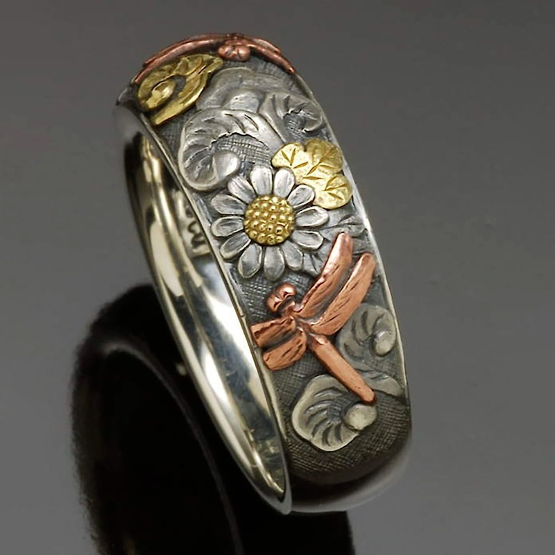 Vintage Silber und Rose Gold Farbe Geschnitzte Libelle Sonnenblumen Ring Einzigartige Metall Blume Ringe Frauen Engagement Party Ring Schmuck
