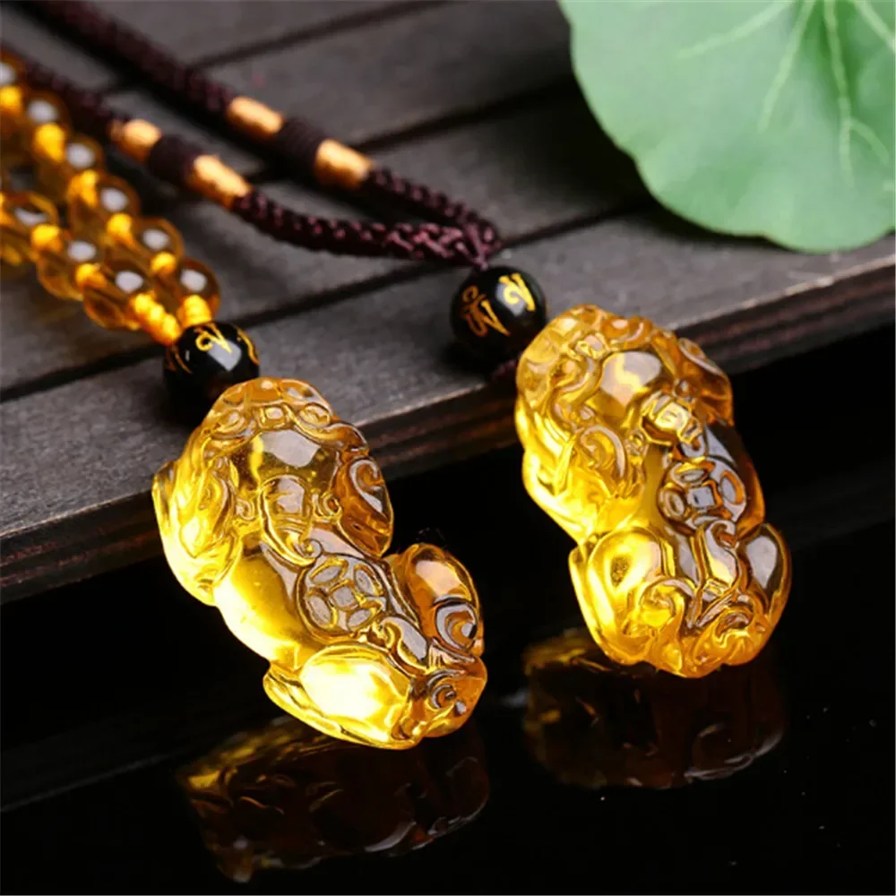 Pendentif Pixiu en Citrine naturelle sculptée à la main pour hommes et femmes, collier amulette en cristal jaune, chaîne de pull, livraison directe, bijoux