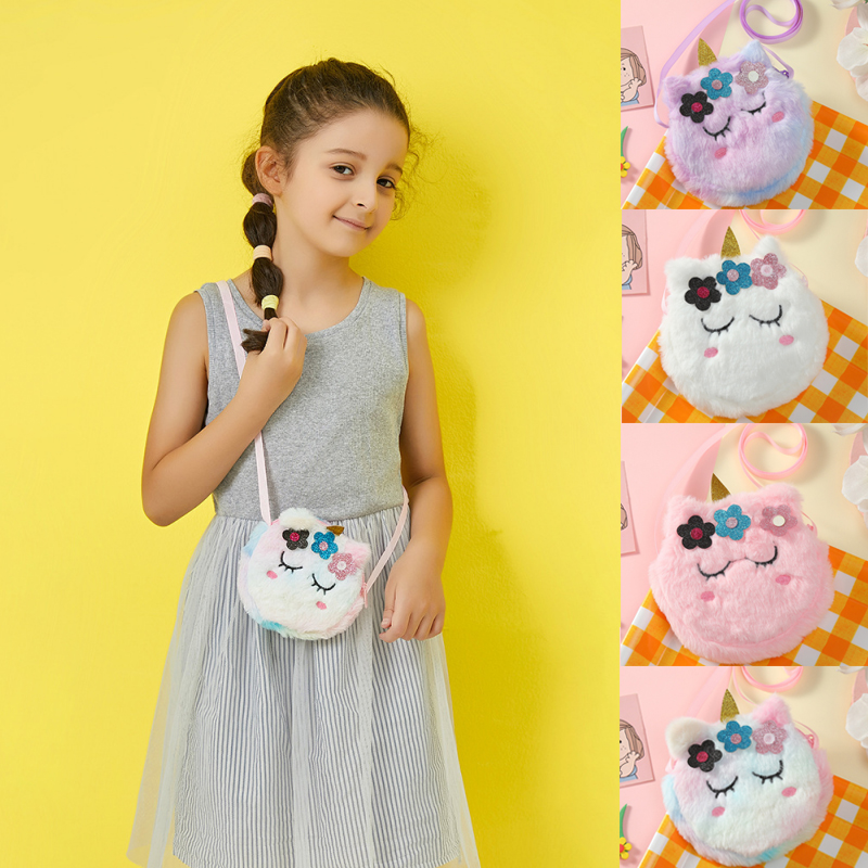 Bolsa transversal infantil de pelúcia, unicórnio, desenho animado, moeda, linda menina, flor, bolsa transversal, portátil, cem bolsa de ombro
