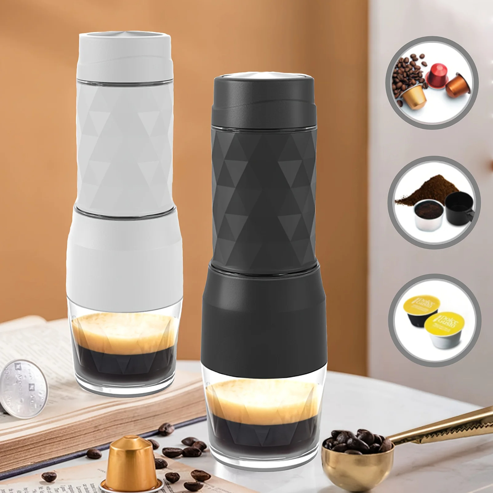 3 In1 เครื่องชงกาแฟแบบพกพาร้อน/เย็น Manual Espresso Maker สําหรับ Capsule & Ground Hand Press Brewer เดินป่าท่องเที่ยว