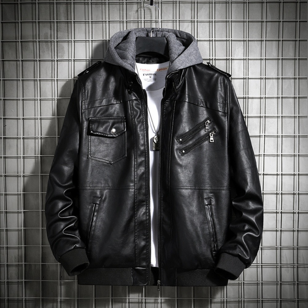 Kapuzenlederjacke Herrenjacke Winter PU Ledermantel Teenagerjacken Herren Motorrad Ledermantel Harajuku