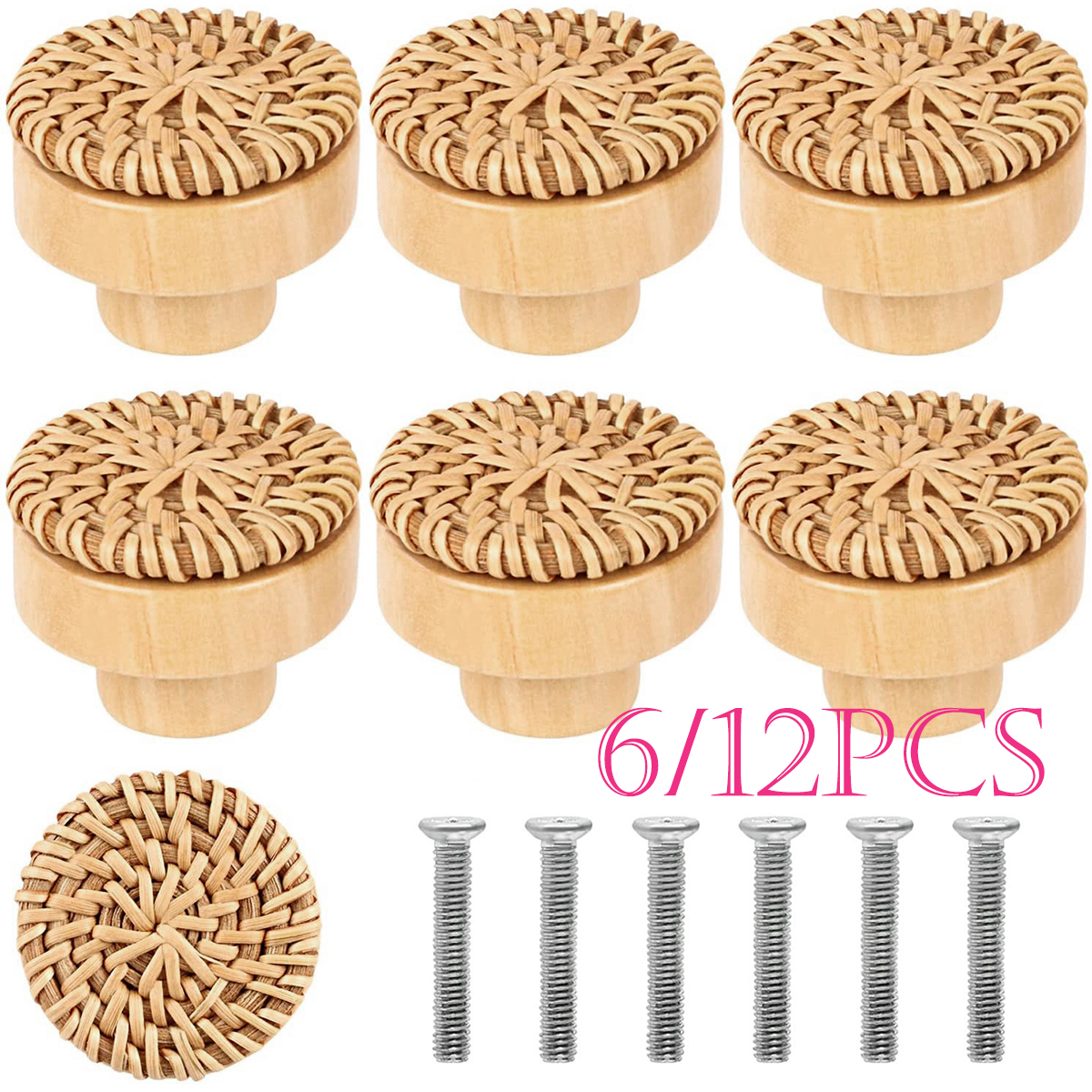 6/12PCS Rattan Holz Schublade Knöpfe Boho Rattan Kommode Knöpfe Runde Handgemachte Schränke Kommode Griffe Schrank Kleiderschrank Tür ziehen