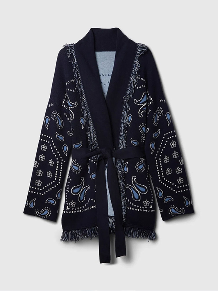 Vintage Kwasten Print Dames Print Vest V-hals Lace Up Volledige mouw Gesplitste truien 2025 Herfst Dame All-match Kintwears