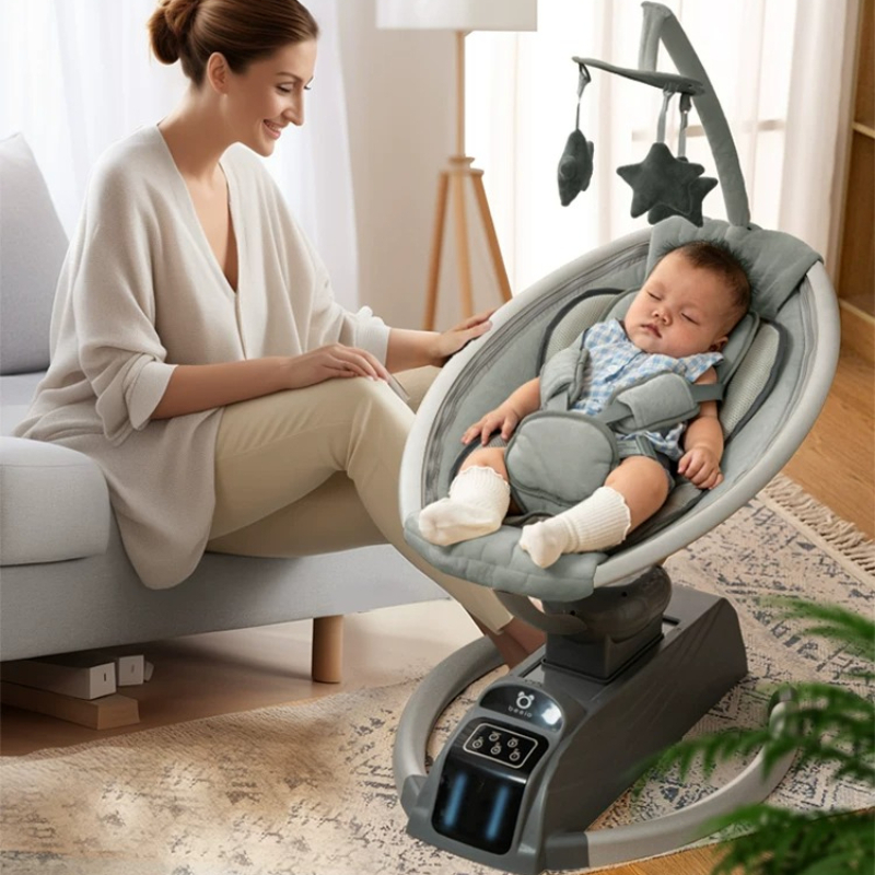 Kursi Goyang Elektrik Bayi, Kursi Menenangkan Bisa Berbaring atau Duduk Ayunan Bayi Elektrik 180 °   Kursi Putar, Baby Rocker Multi Kecepatan