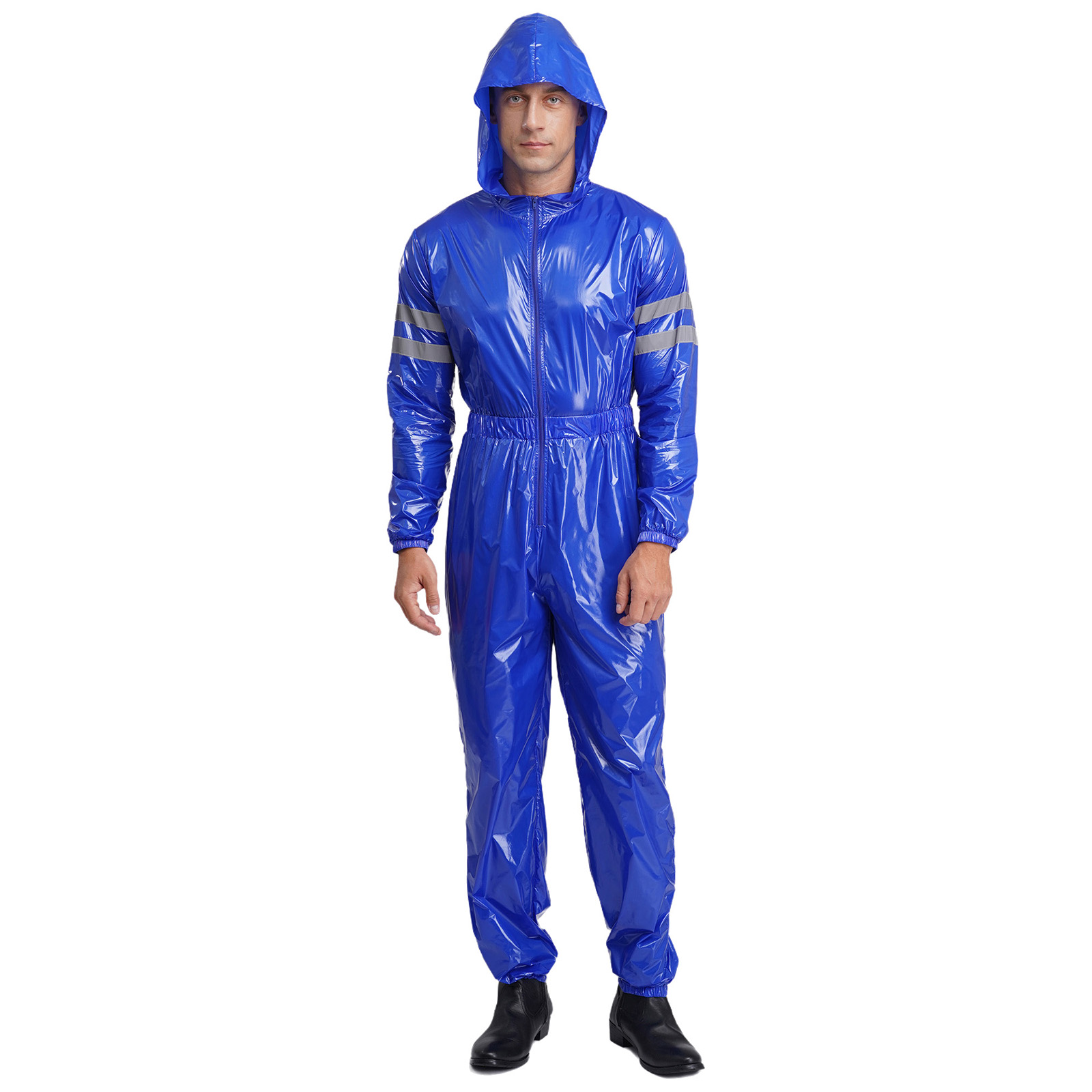 Men Shiny Water Resistant Coveralls Overalls High Visibility Reflective Strips Long Sleeves Elastic Waist Hooded Work Jumpsuits