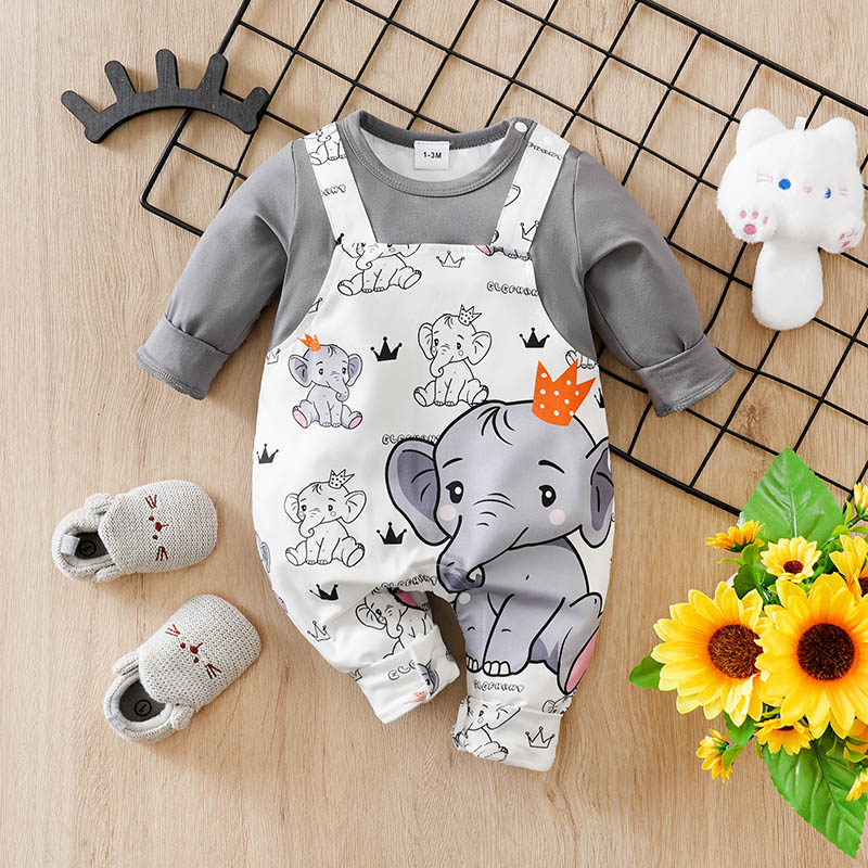 Ropa de manga larga para bebé recién nacido de 0 a 18 meses, tirantes de una pieza, pijamas de bebé con estampado de elefante a la moda, mono informal infantil